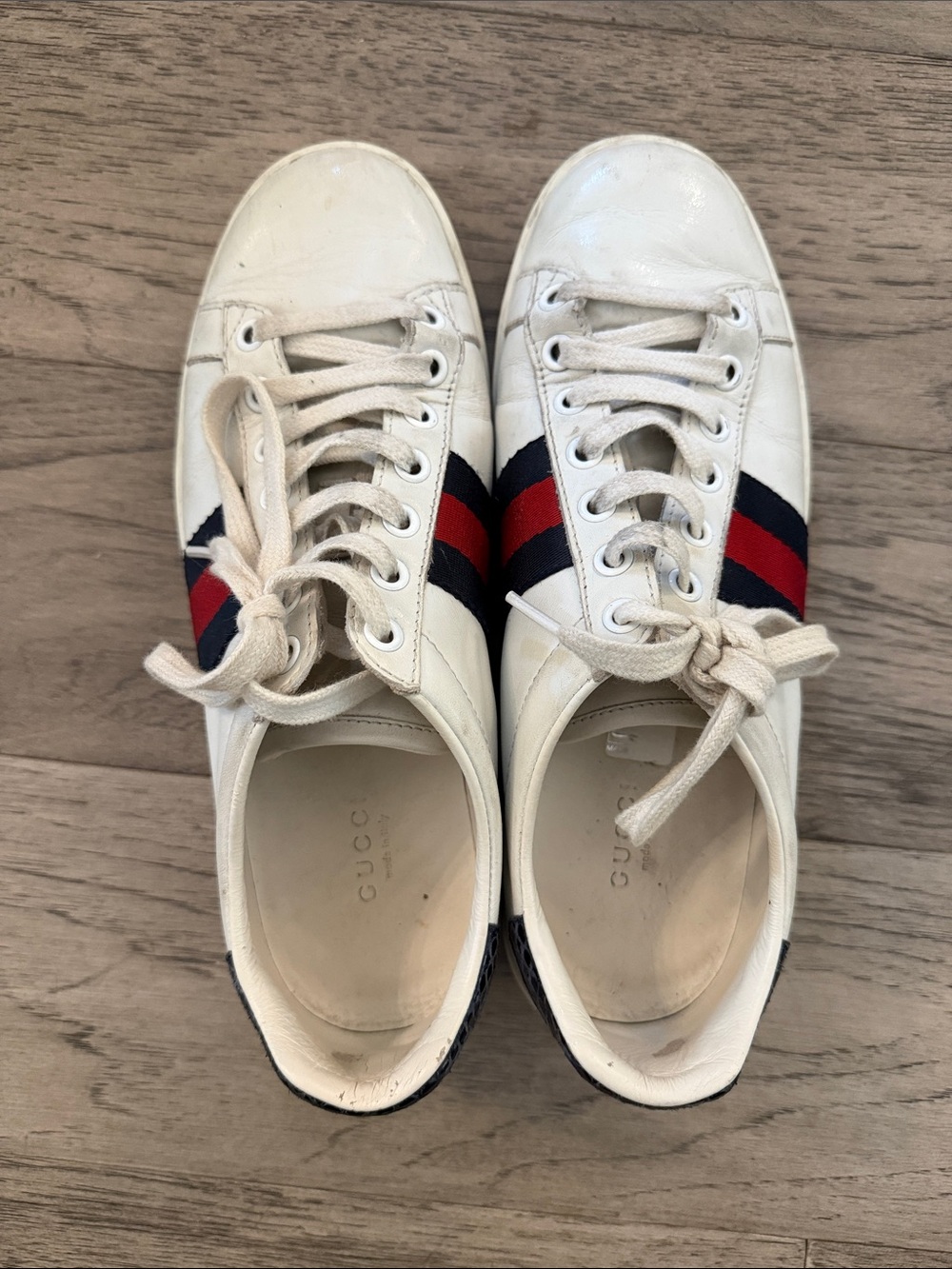Gucci White Leather Sneakers with Red & Navy Web Stripe